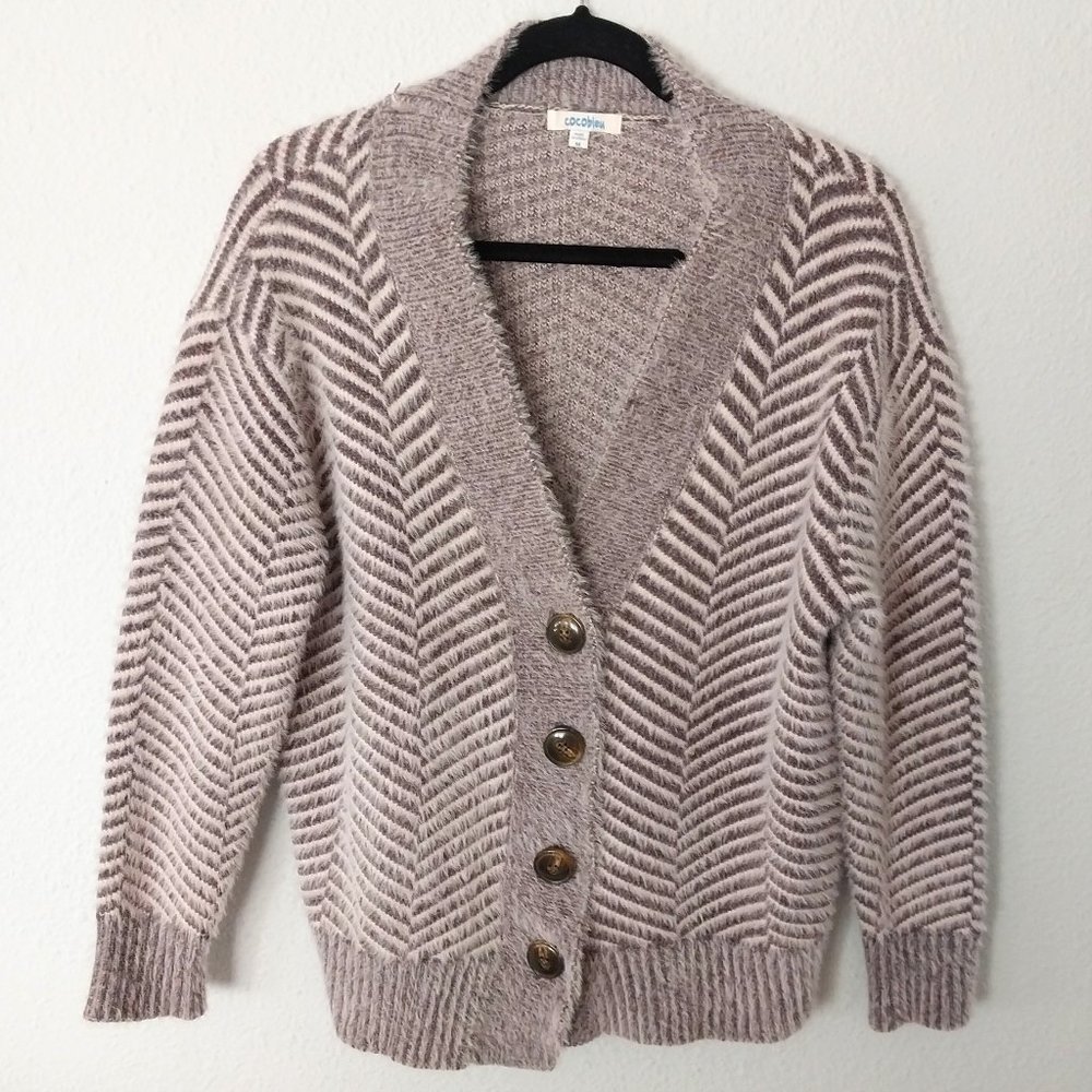 Cocobleu White and Grey Chevron Knit Fuzzy Button Down Cardigan